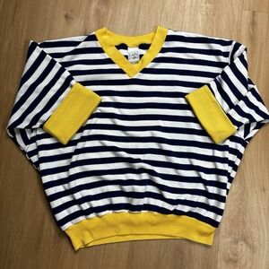 VTG Women's Med Short Sleeve Sweatshirt Blue & White Stripe Short Cuffs Nautical